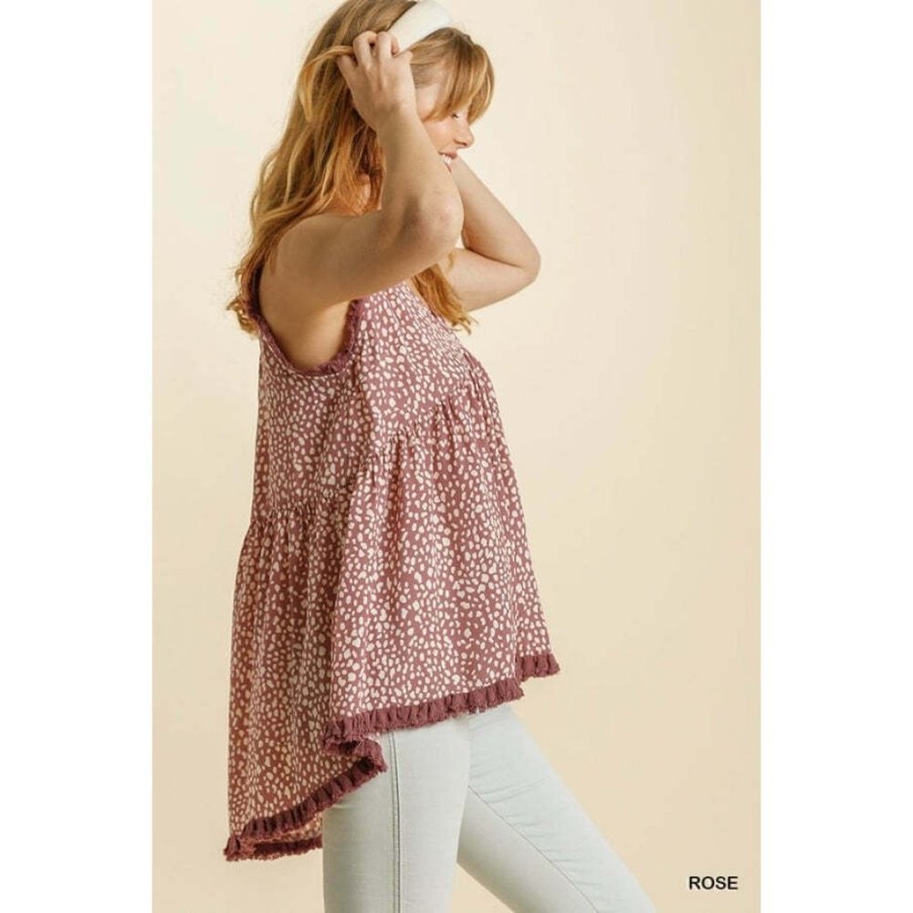 NWT Umgee Rose Animal Print V-Neck Sleeveless Back String Tie & Fringed Top - Picture 3 of 9